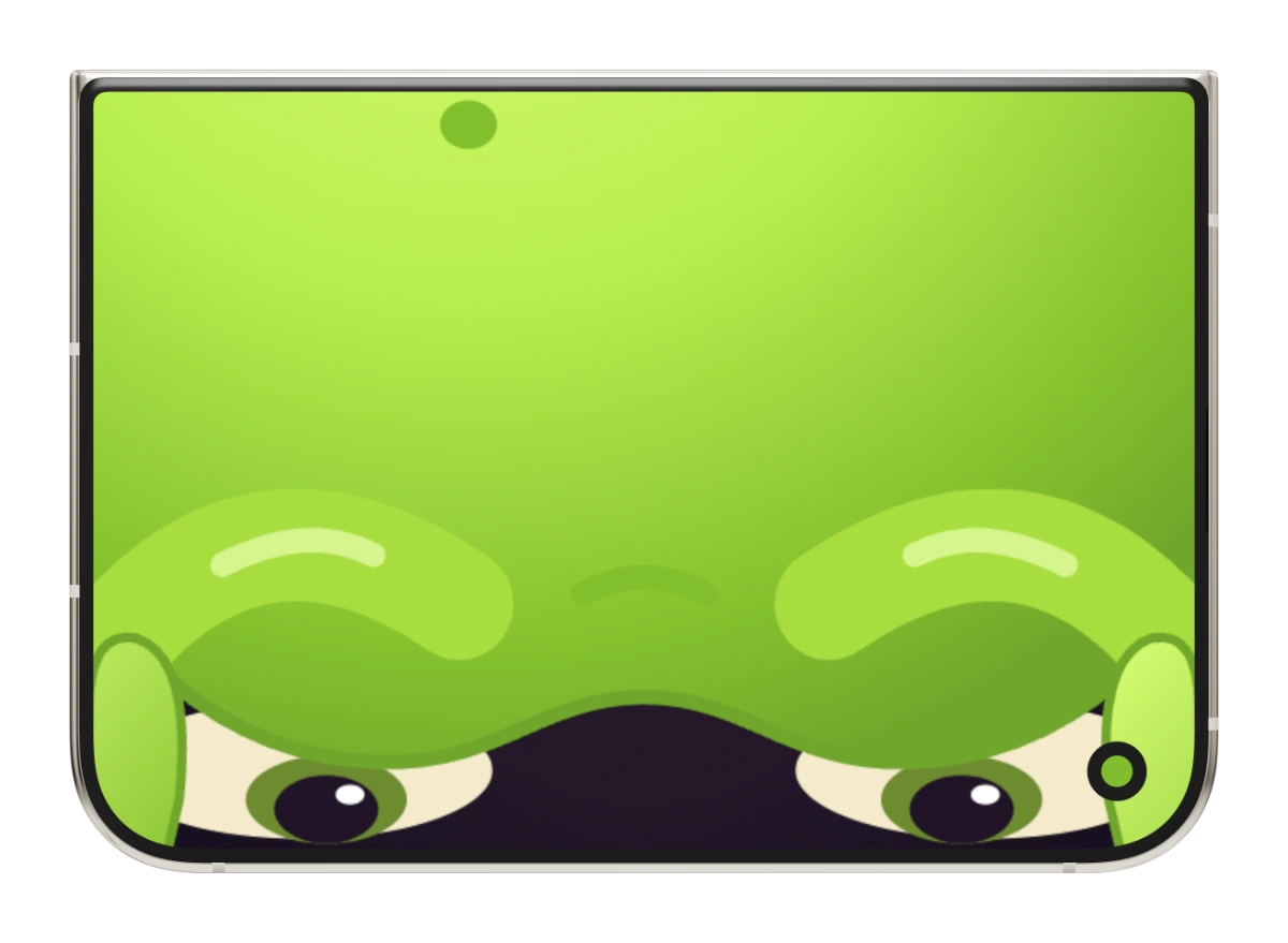 The top of Chops’s head fills the closed phone’s outer display.