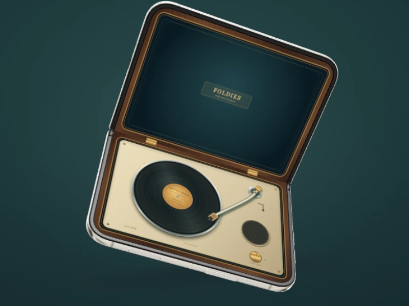 The Record Player’s vinyl record sits on the lower display beneath its open suitcase lid.