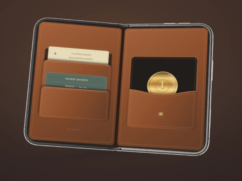 An open leather Trick Wallet holds cards and a small coin in its pouch.