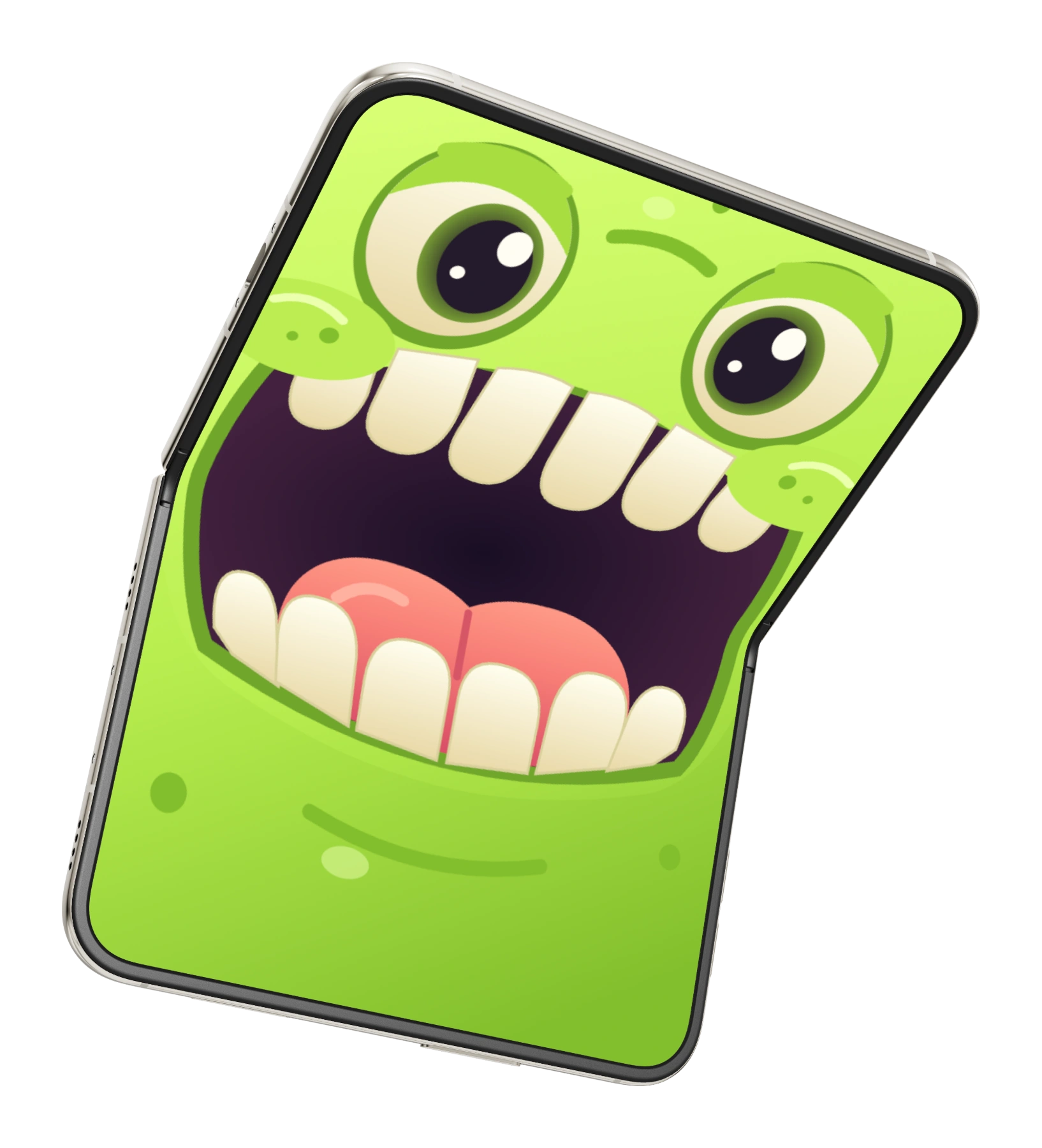 Chops, a bright green monster filling the screens of a partially folded phone.